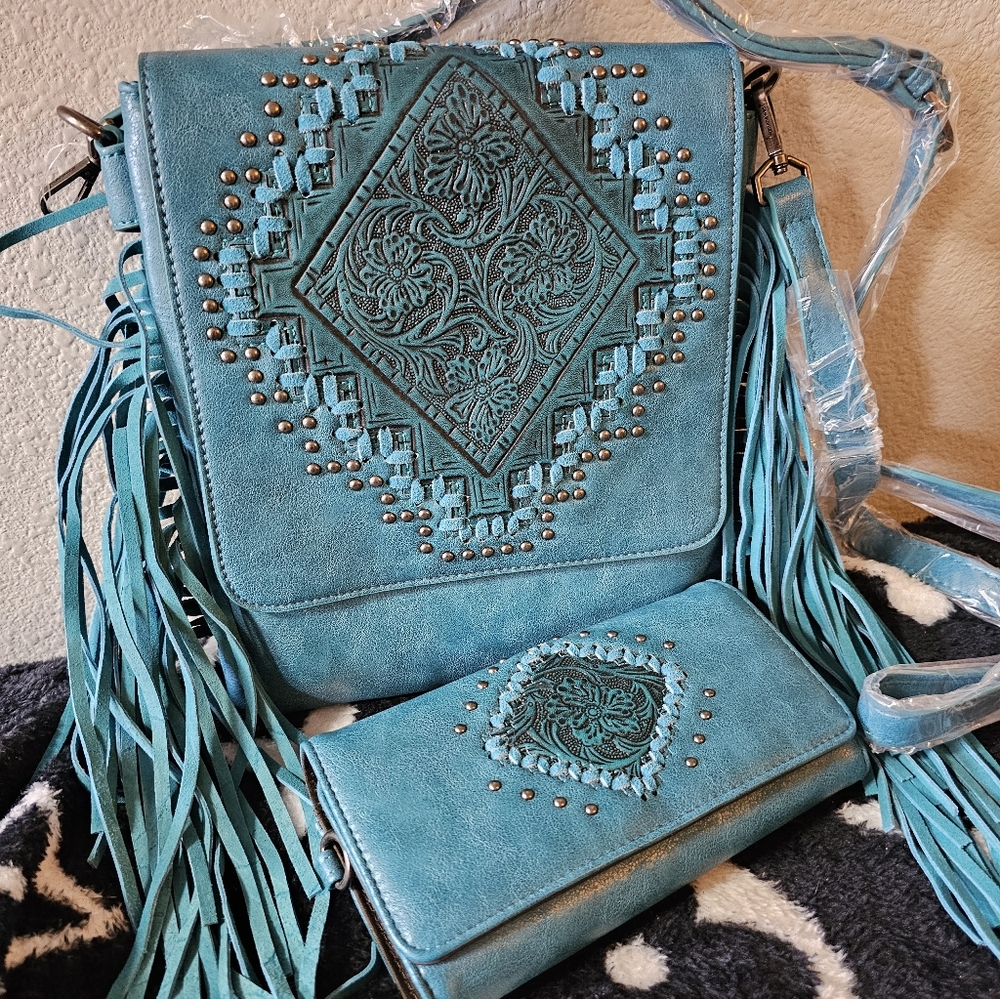 Montana West Teal Fringe Crossbody Bag With Matching Wallet